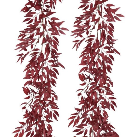 Artificial Hanging Willow Leaves Vine Twigs 2Pcs 5.7Ft Fake Silk Burgundy Leaf - Picture 1 of 7